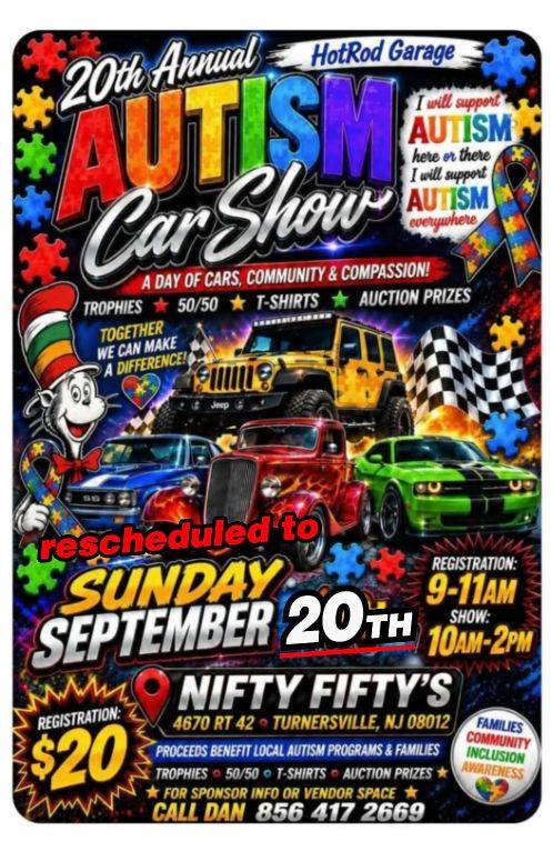 Flyer for 20th Annual HotRod Garage Autism Car Show