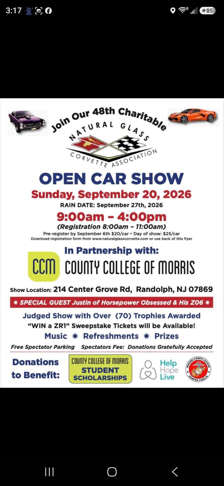 Flyer for 48th Annual Natural Glass Corvette Association Open Charitable Car Show