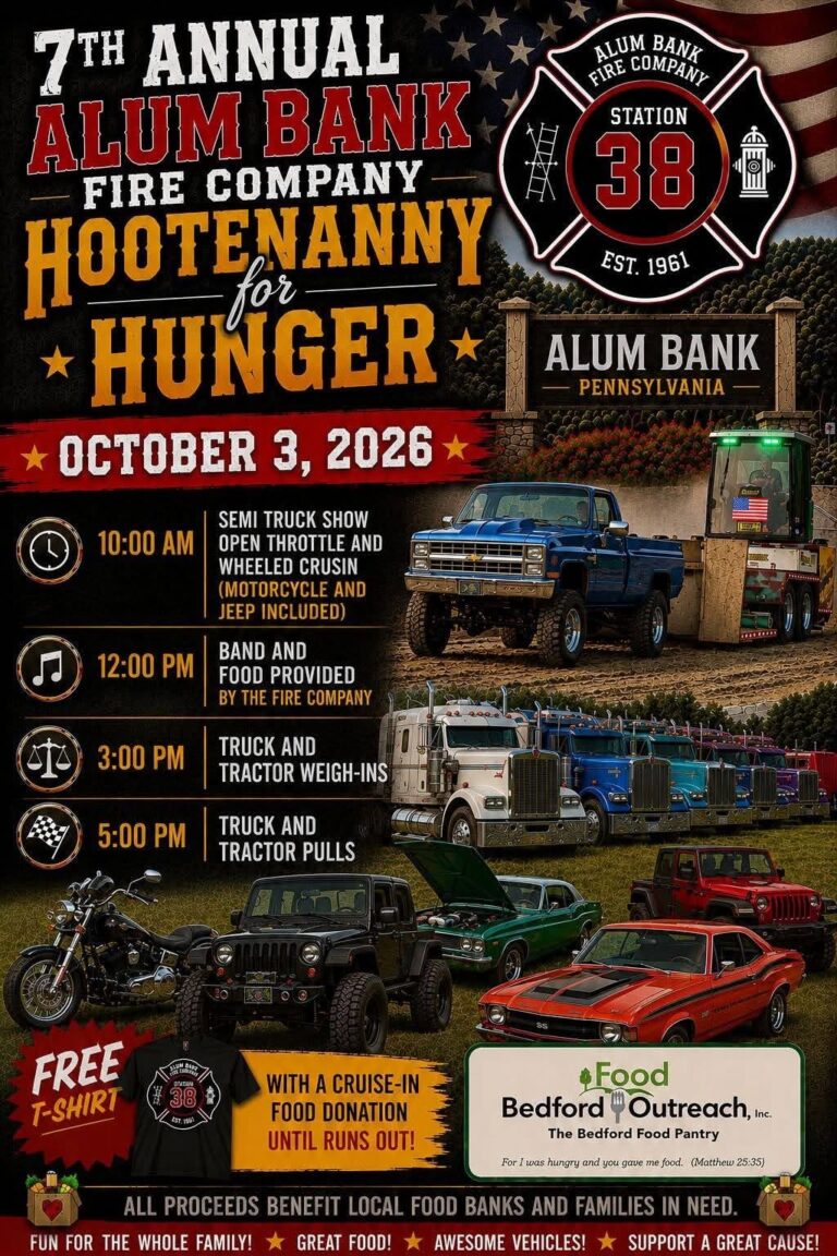 Flyer for 7th Annual Alum Bank Fire Company Hootenanny for Hunger