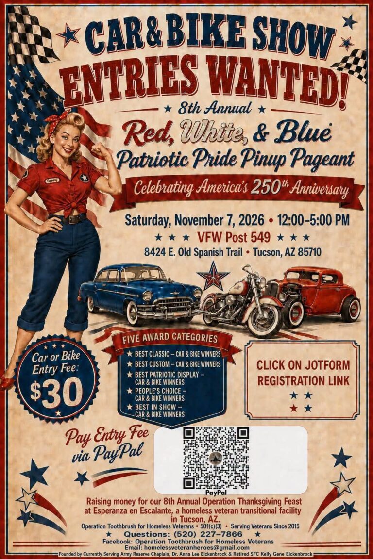 Flyer for 8th Annual Red, White, & Blue Patriotic Pride Pinup Pageant Car & Bike Show