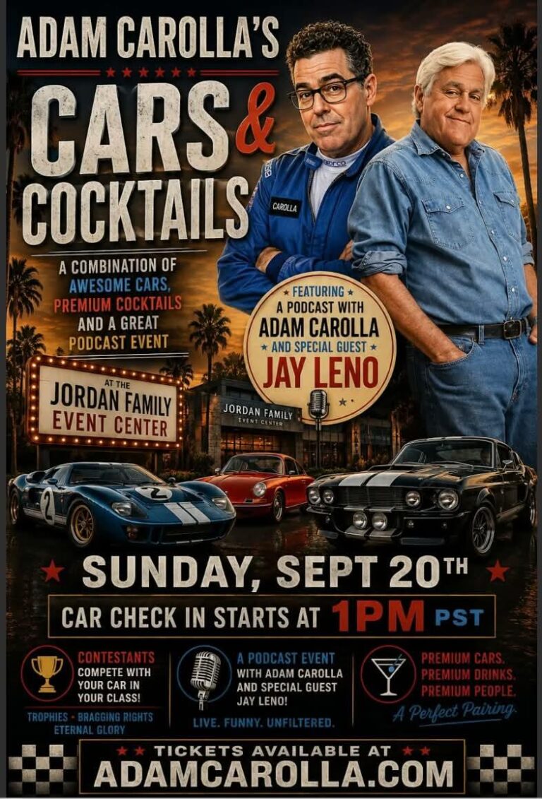 Flyer for Adam Carolla’s Cars & Cocktails with Special Guest Jay Leno