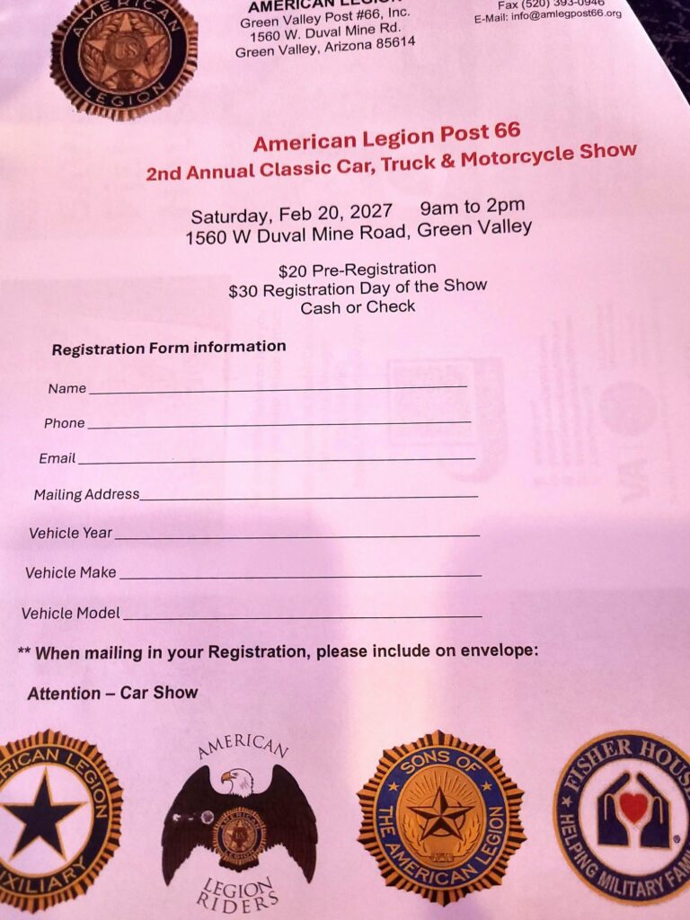 Flyer for American Legion Post 66 2nd Annual Classic Car, Truck & Motorcycle Show