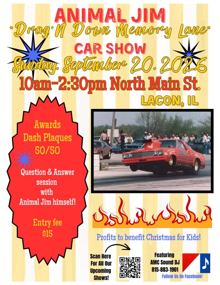 Flyer for Animal Jim ‘Drag’N Down Memory Lane’ Car Show