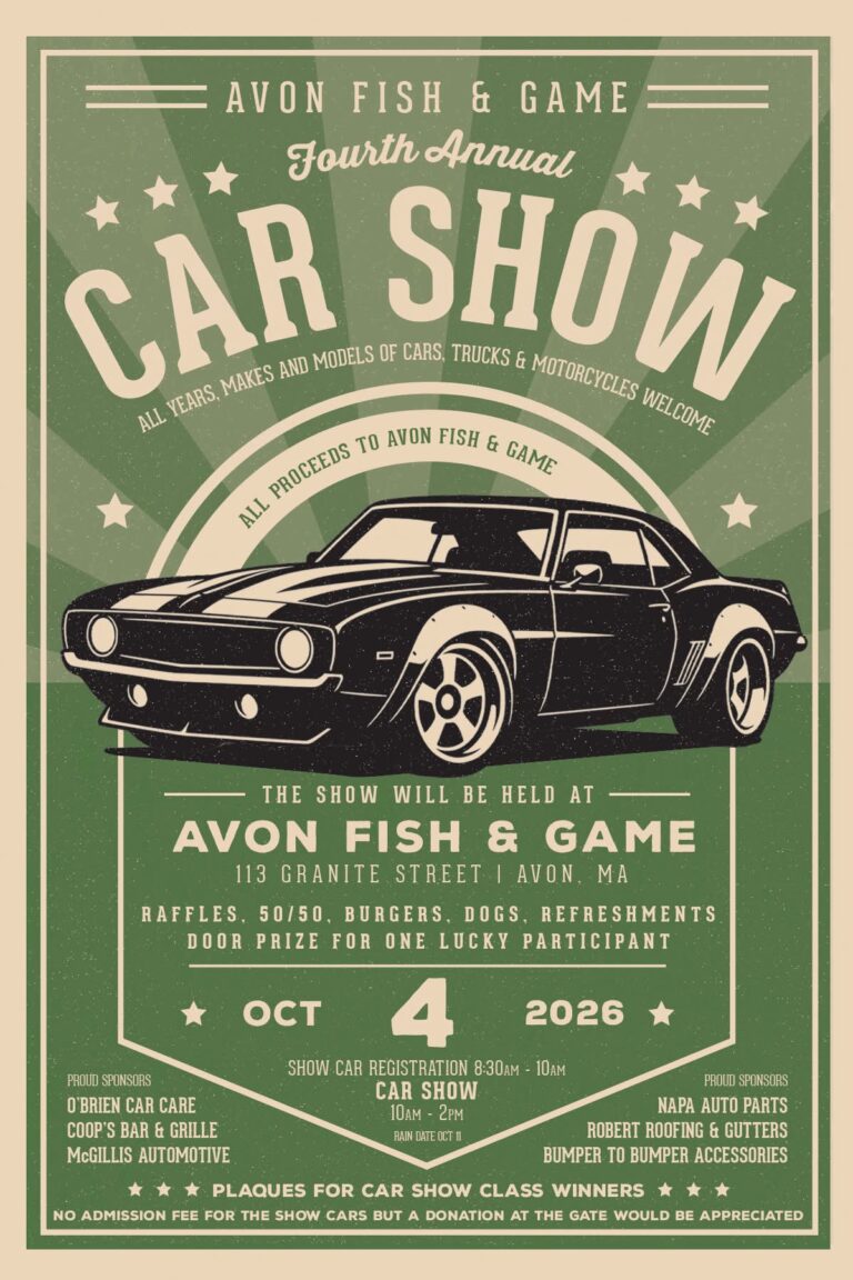 Flyer for Avon Fish & Game Fourth Annual Car Show