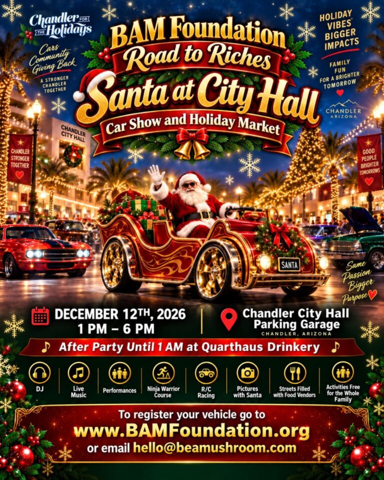 Flyer for BAM Foundation Road to Riches Santa at City Hall Car Show and Holiday Market