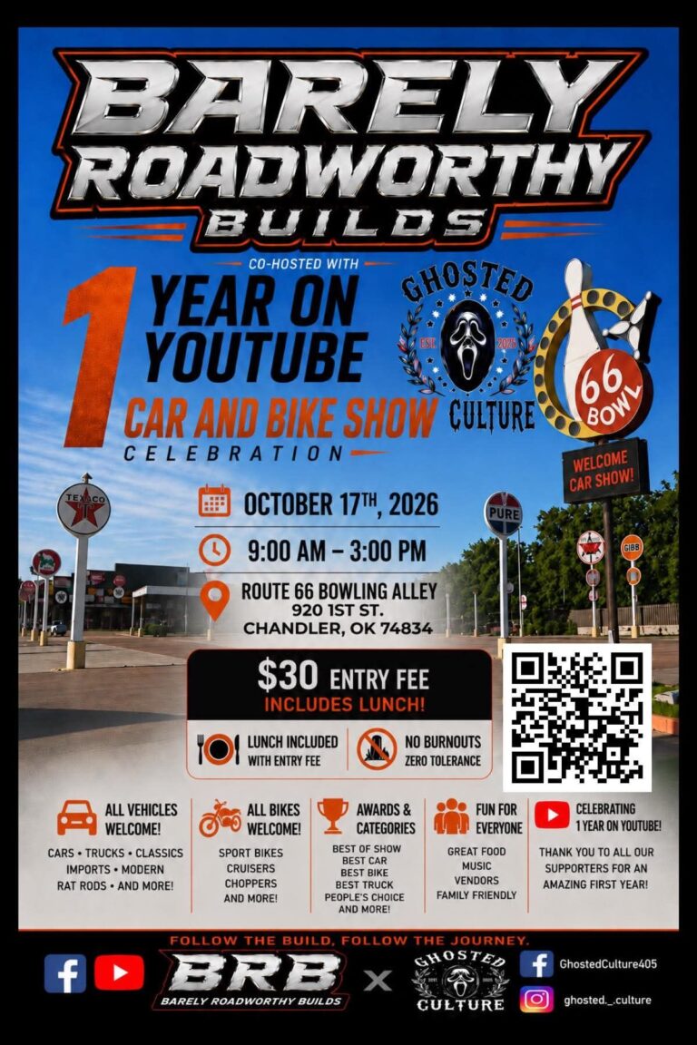 Flyer for Barely Roadworthy Builds 1 Year on YouTube Car and Bike Show Celebration