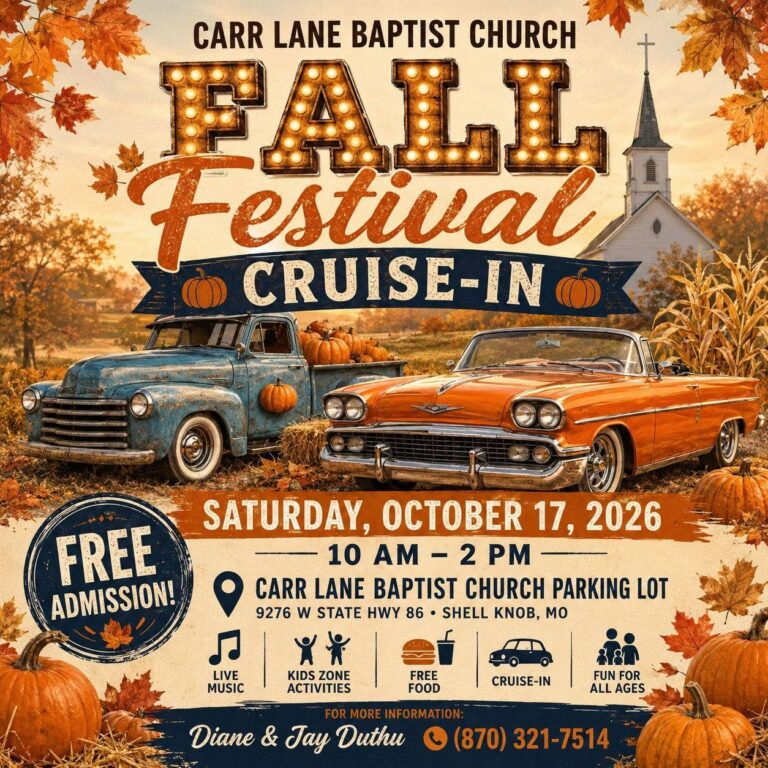 Flyer for Carr Lane Baptist Church Fall Festival Cruise-In