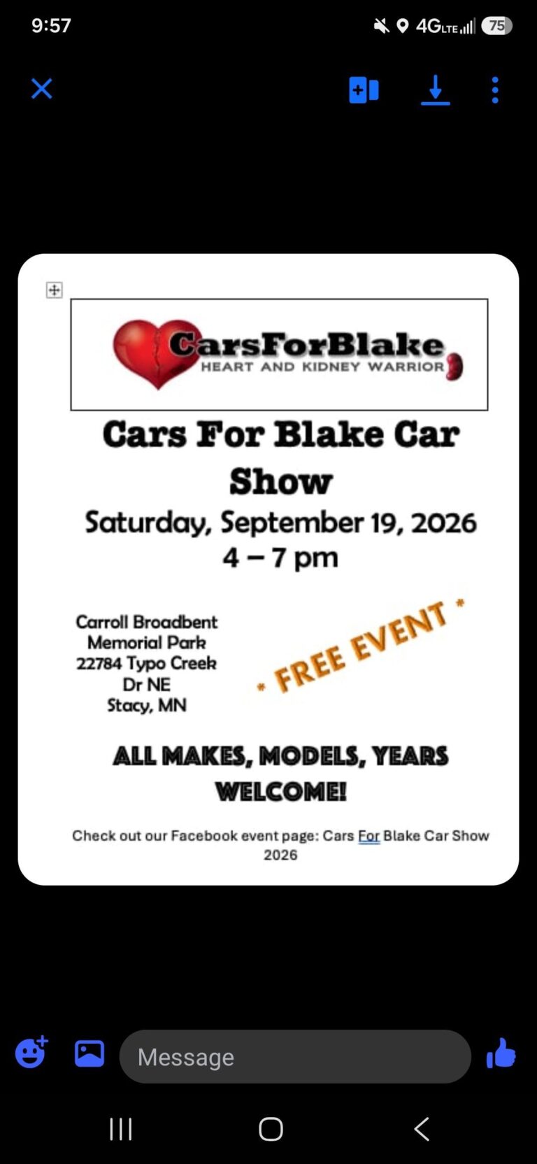 Flyer for Cars For Blake Car Show