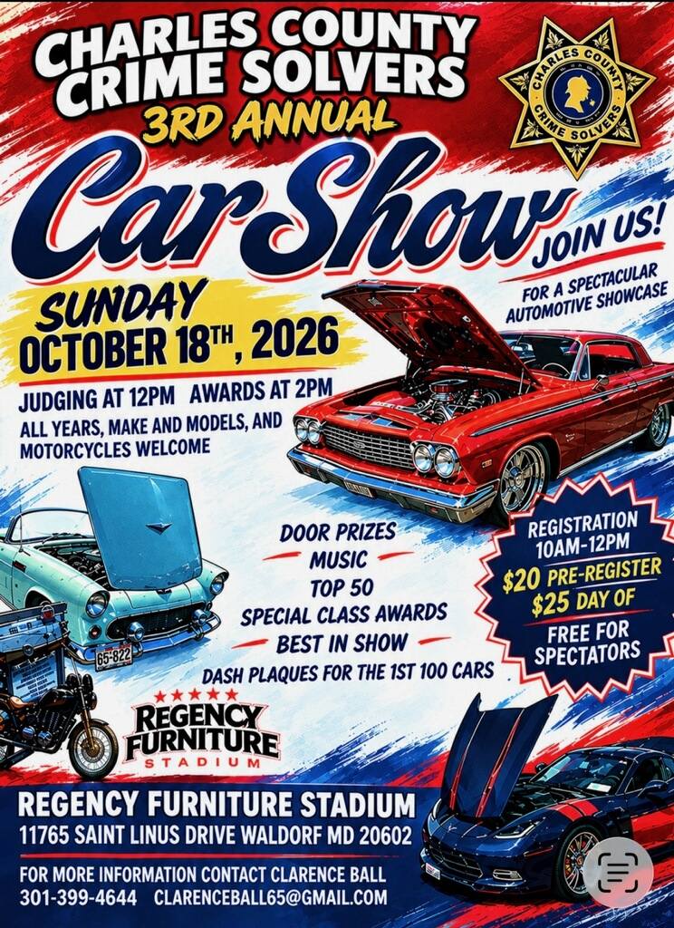 Flyer for Charles County Crime Solvers 3rd Annual Car Show