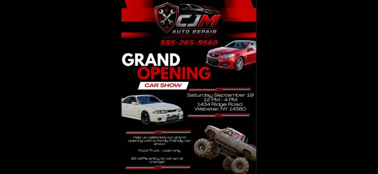 Flyer for CJM Auto Repair Grand Opening Car Show