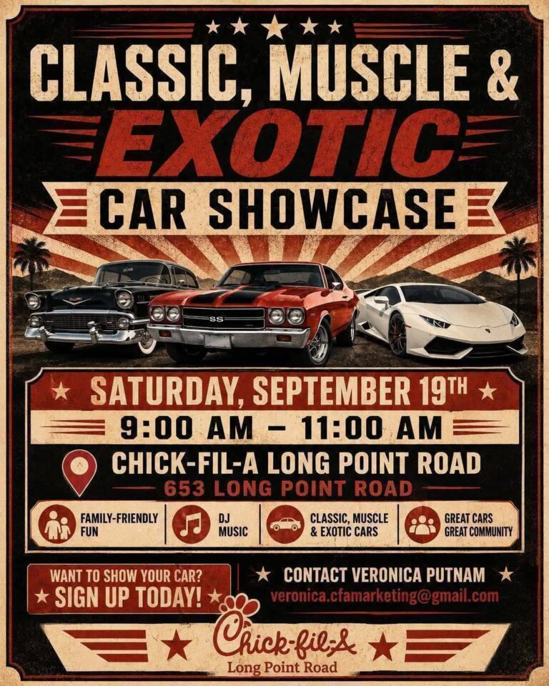 Flyer for Chick-fil-A Long Point Road Classic, Muscle & Exotic Car Showcase