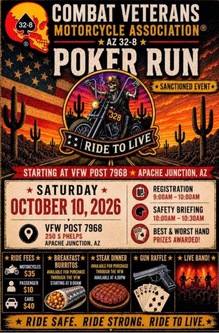 Flyer for Combat Veterans Motorcycle Association AZ 32-8 Poker Run