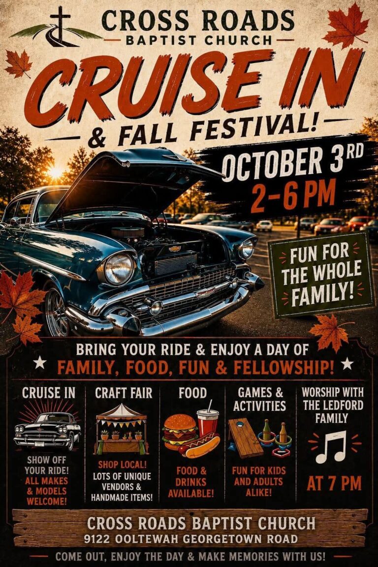 Flyer for Cross Roads Baptist Church Cruise In & Fall Festival
