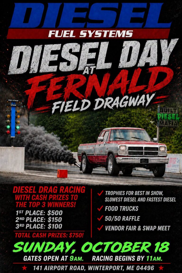 Flyer for Diesel Fuel Systems Presents Diesel Day at Fernald Field Dragway