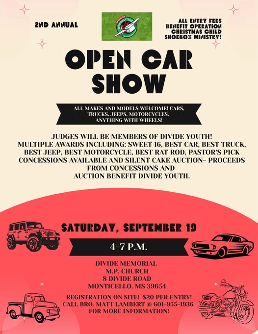 Flyer for Divide Memorial M.P. Church 2nd Annual Open Car Show