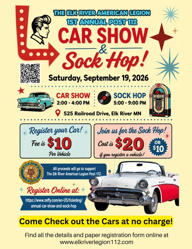 Flyer for Elk River American Legion Post 112 1st Annual Car Show & Sock Hop