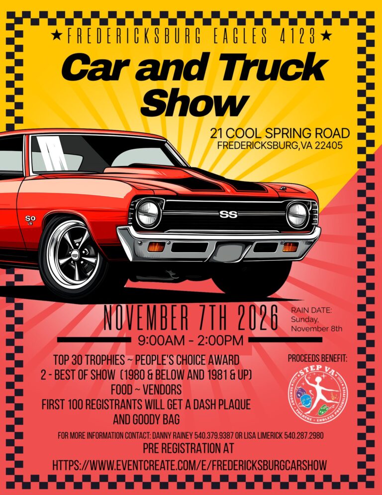 Flyer for Fredericksburg Eagles 4123 Car and Truck Show