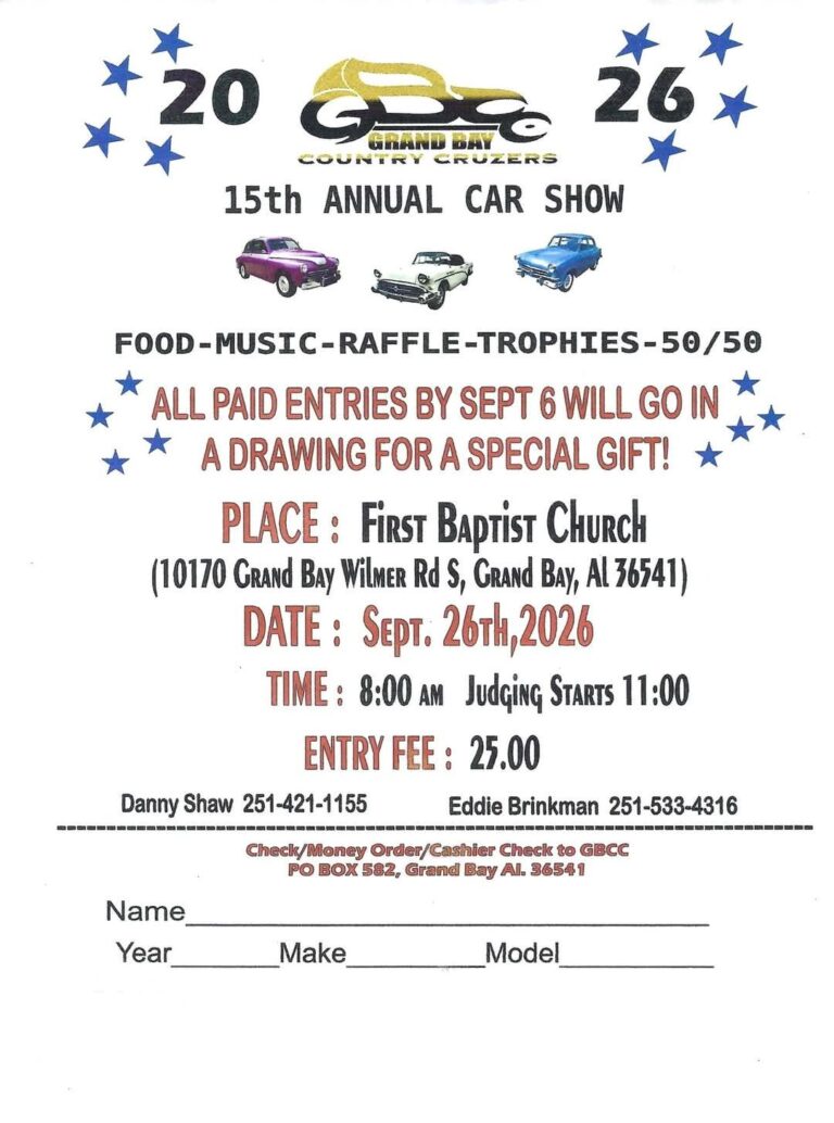 Flyer for Grand Bay Country Cruzers 15th Annual Car Show