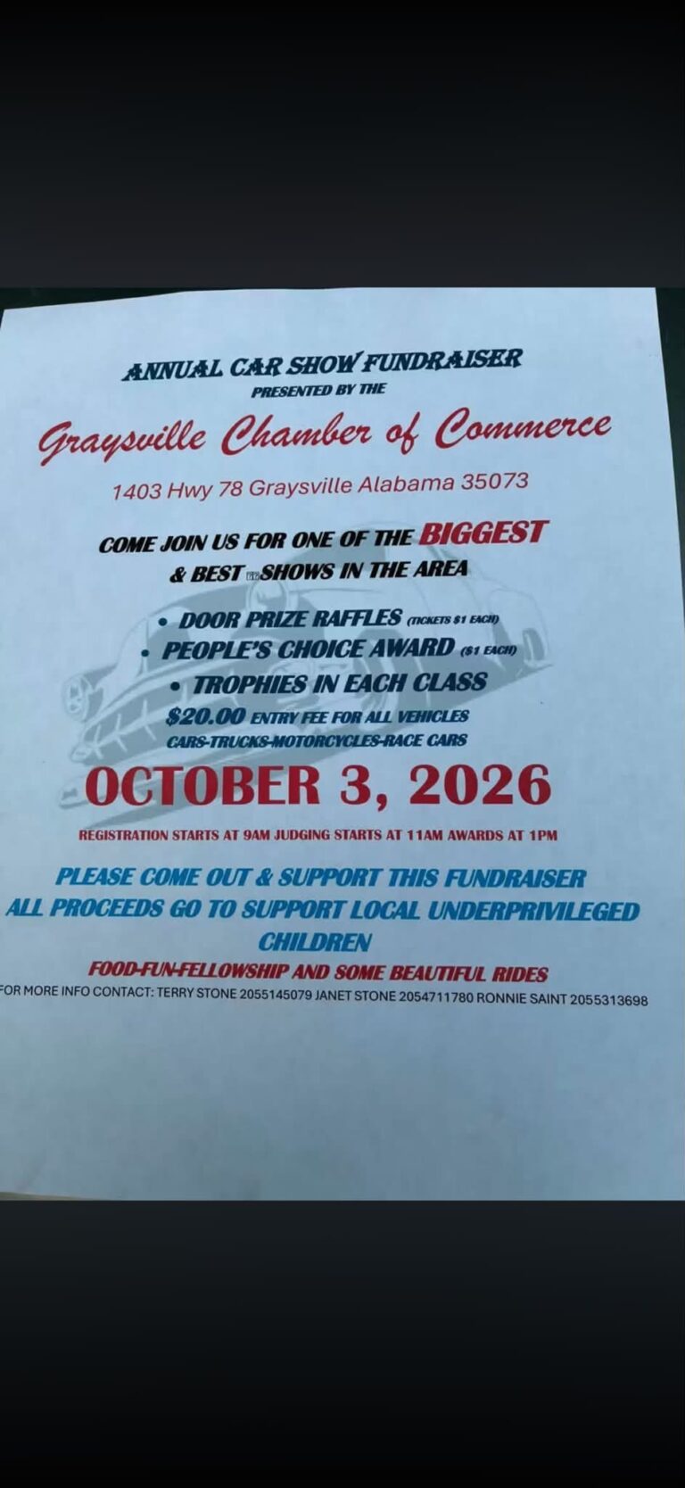 Flyer for Graysville Chamber of Commerce Annual Car Show Fundraiser