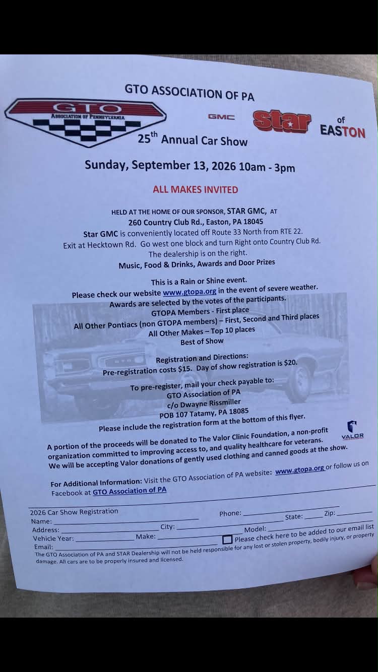 Flyer for GTO Association of PA 25th Annual Car Show