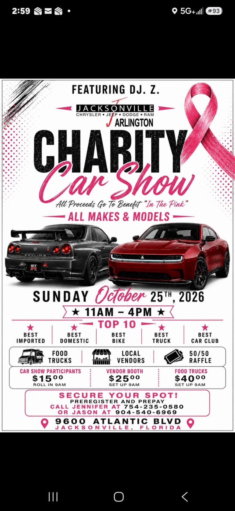 Flyer for Jacksonville Chrysler Dodge Jeep Ram Arlington Charity Car Show