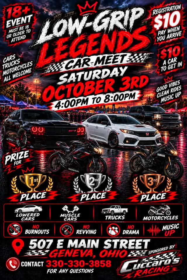 Flyer for Low Grip Legends Car Meet