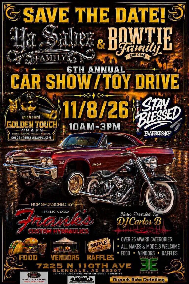 Flyer for Mr. Sanchez & Bowtie Family Car Club 6th Annual Car Show / Toy Drive