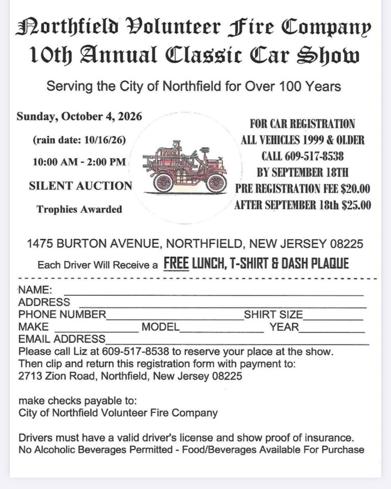 Flyer for Northfield Volunteer Fire Company 10th Annual Classic Car Show