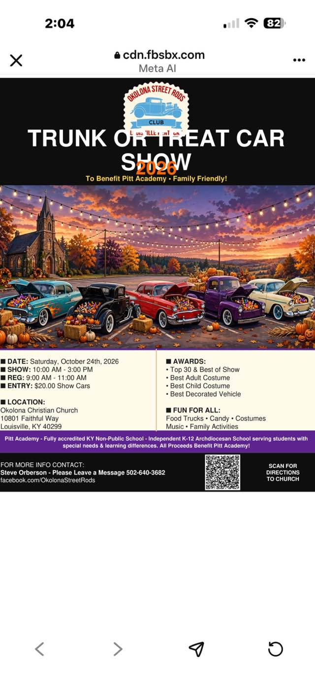 Flyer for Okolona Street Rods Trunk or Treat Car Show 2026