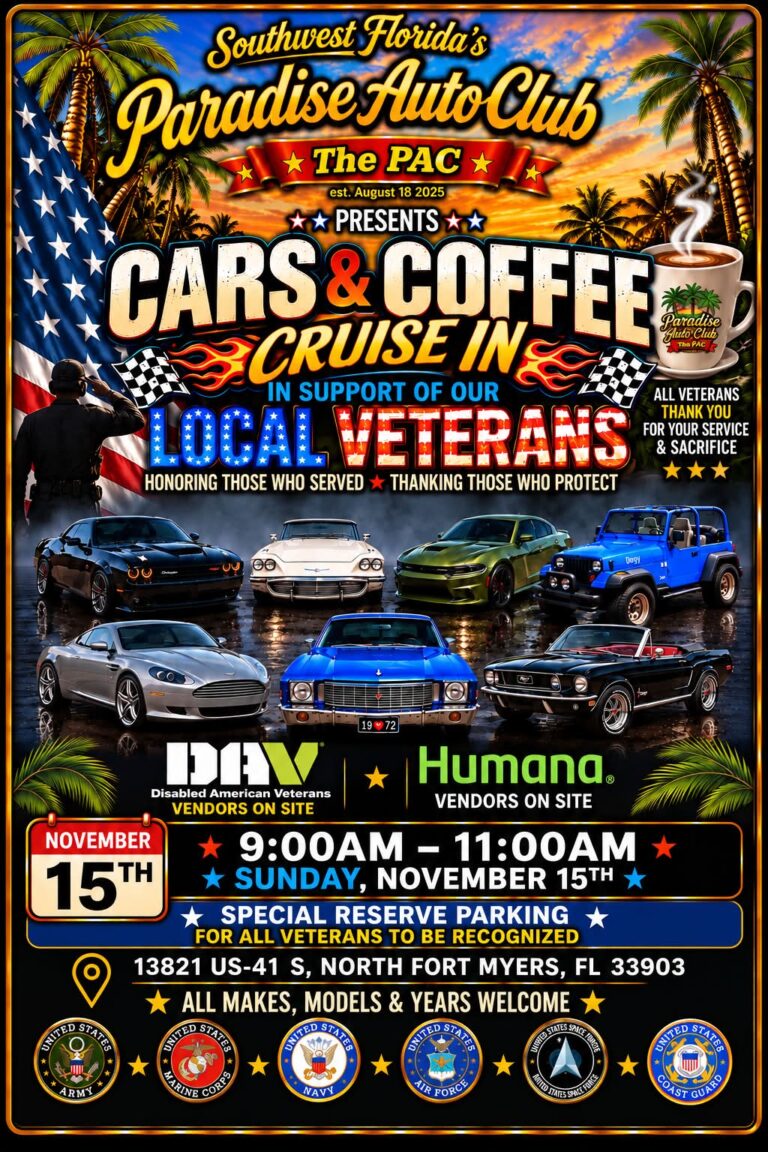 Flyer for Paradise Auto Club Cars & Coffee Cruise In