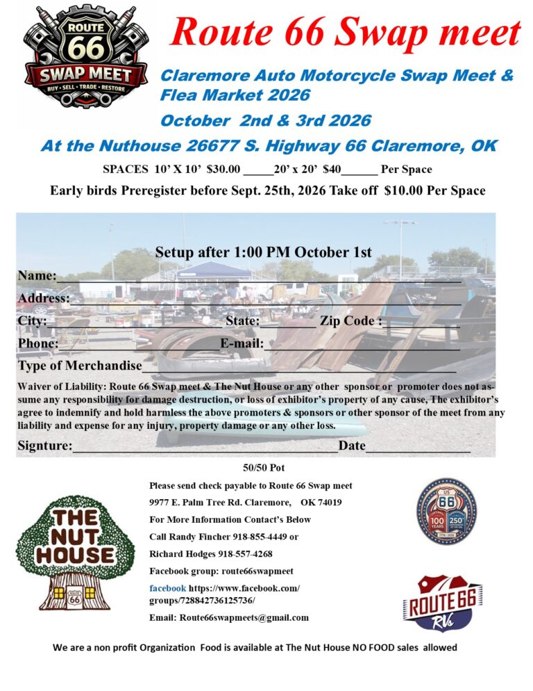 Flyer for Route 66 Claremore Auto Motorcycle Swap Meet & Flea Market