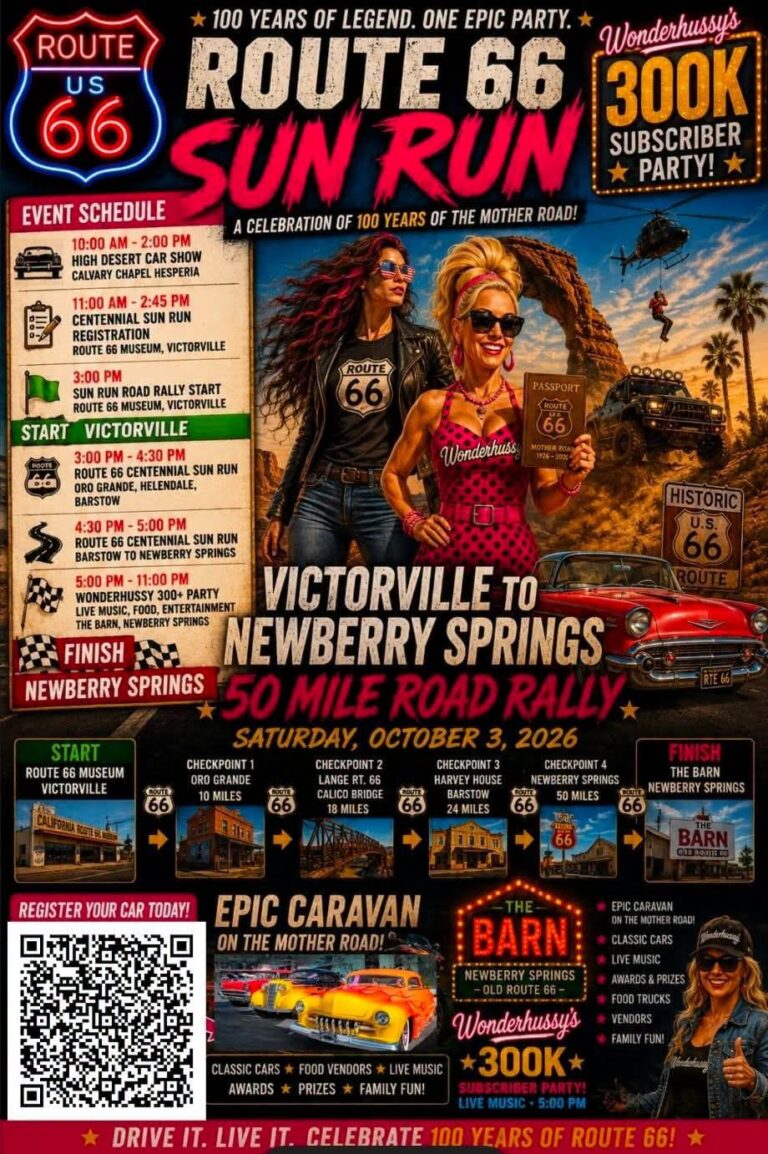 Flyer for Route 66 Sun Run & Wonderhussy 300K Subscriber Party