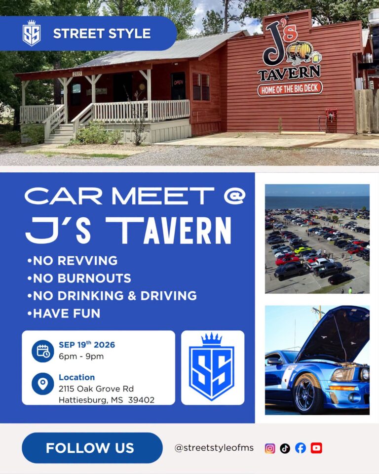 Flyer for Street Style Car Meet at J’s Tavern