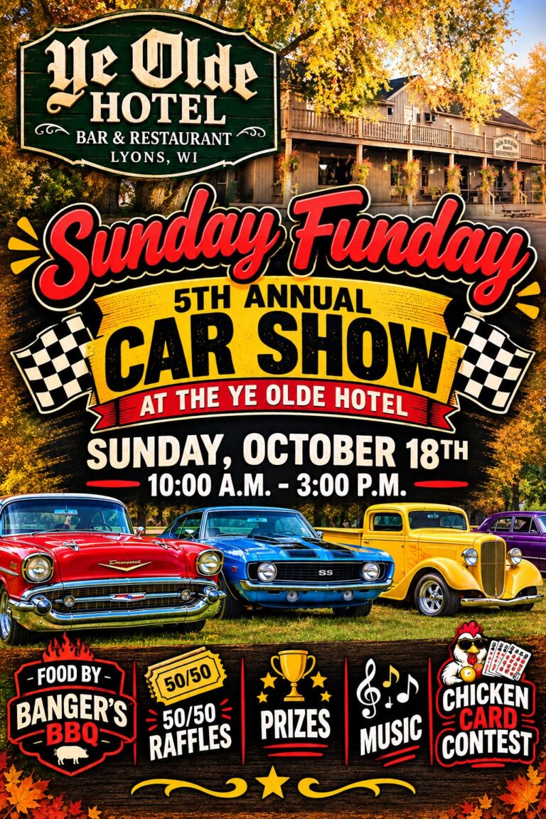 Flyer for Sunday Funday 5th Annual Car Show at the Ye Olde Hotel