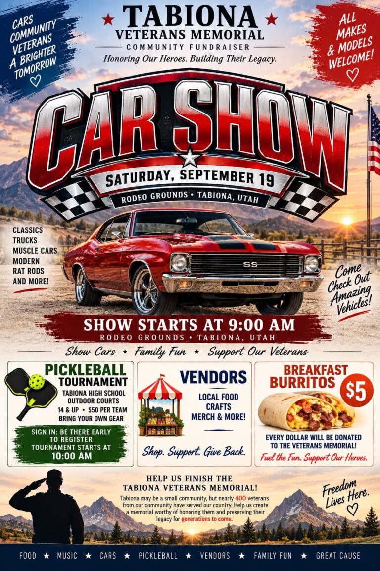 Flyer for Tabiona Veterans Memorial Community Fundraiser Car Show