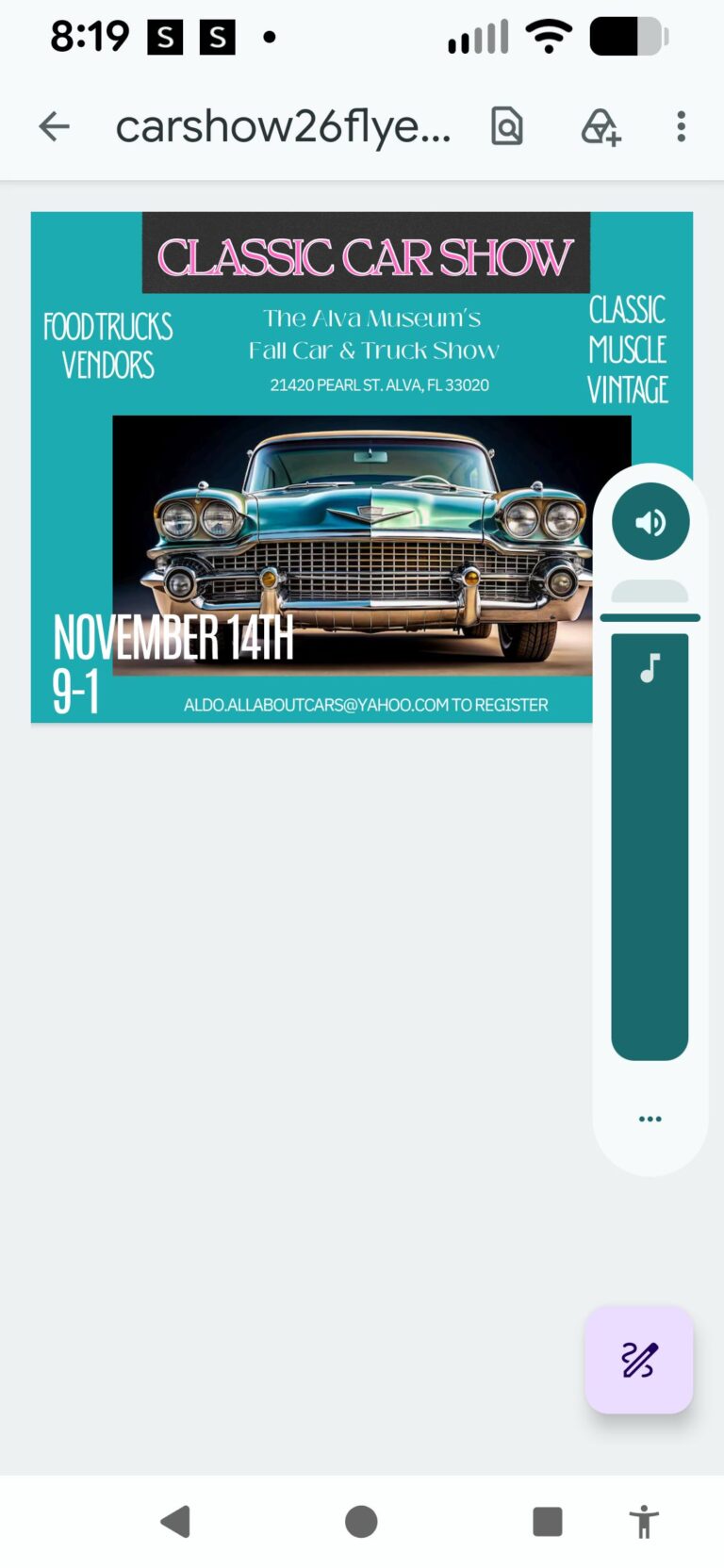 Flyer for The Alva Museum’s Fall Car & Truck Show