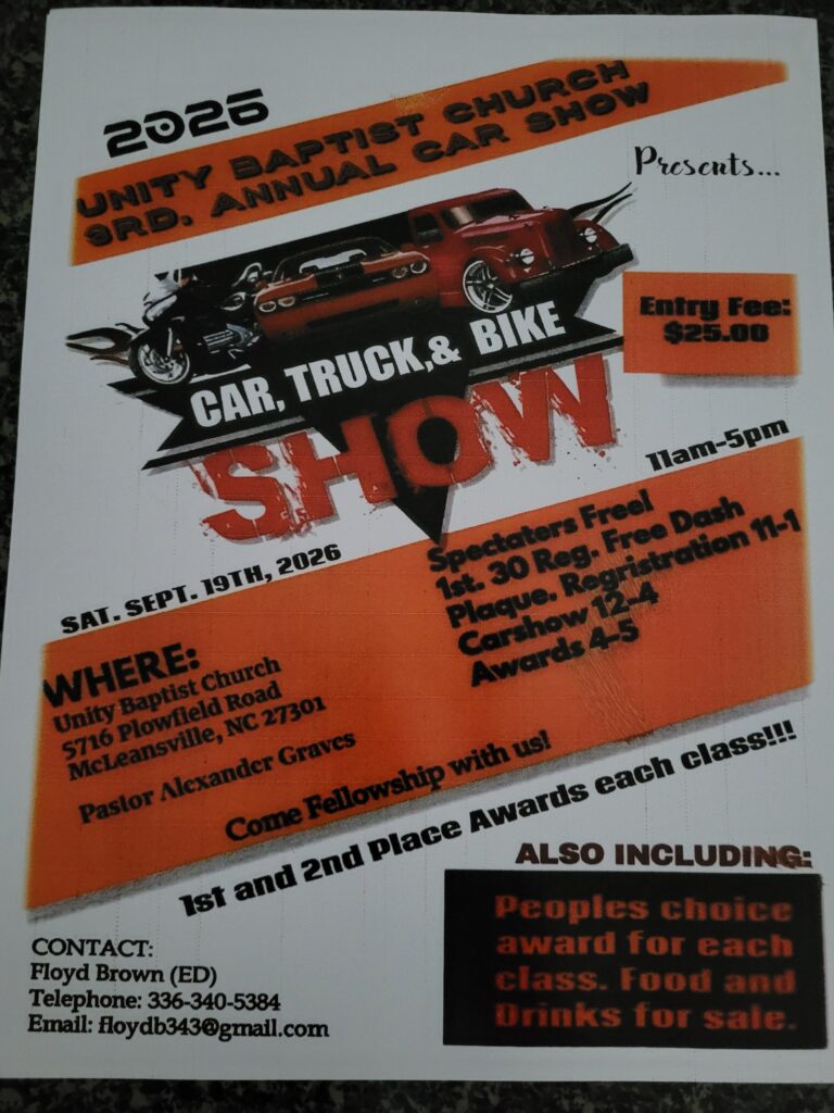 Flyer for Unity Baptist Church 3rd Annual Car Show