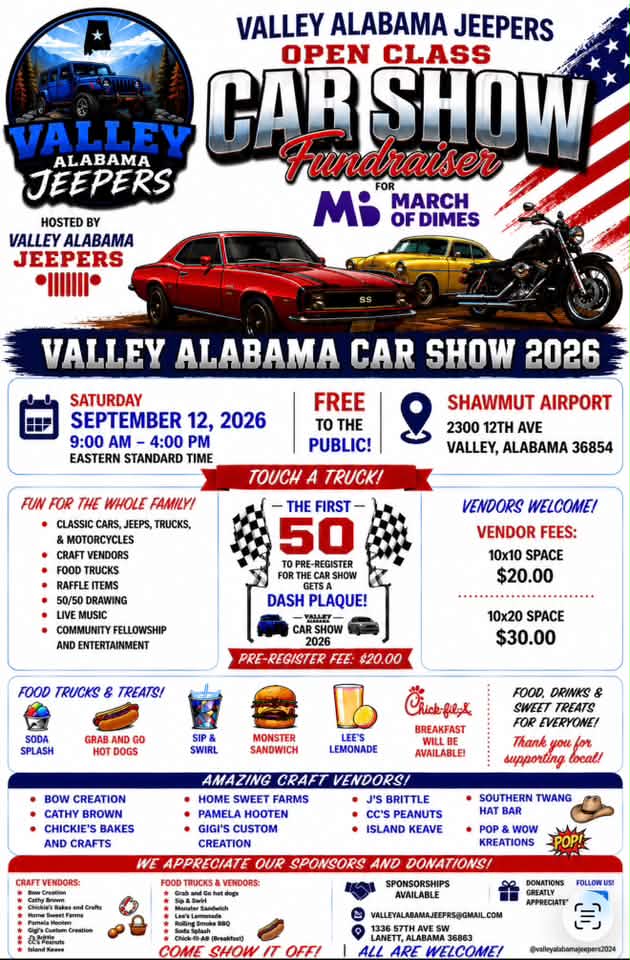 Flyer for Valley Alabama Jeepers Open Class Car Show