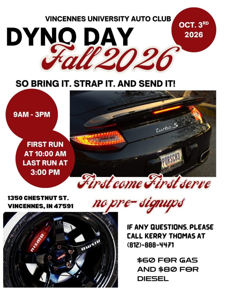 Flyer for Vincennes University Auto Club Dyno Day Fall 2026