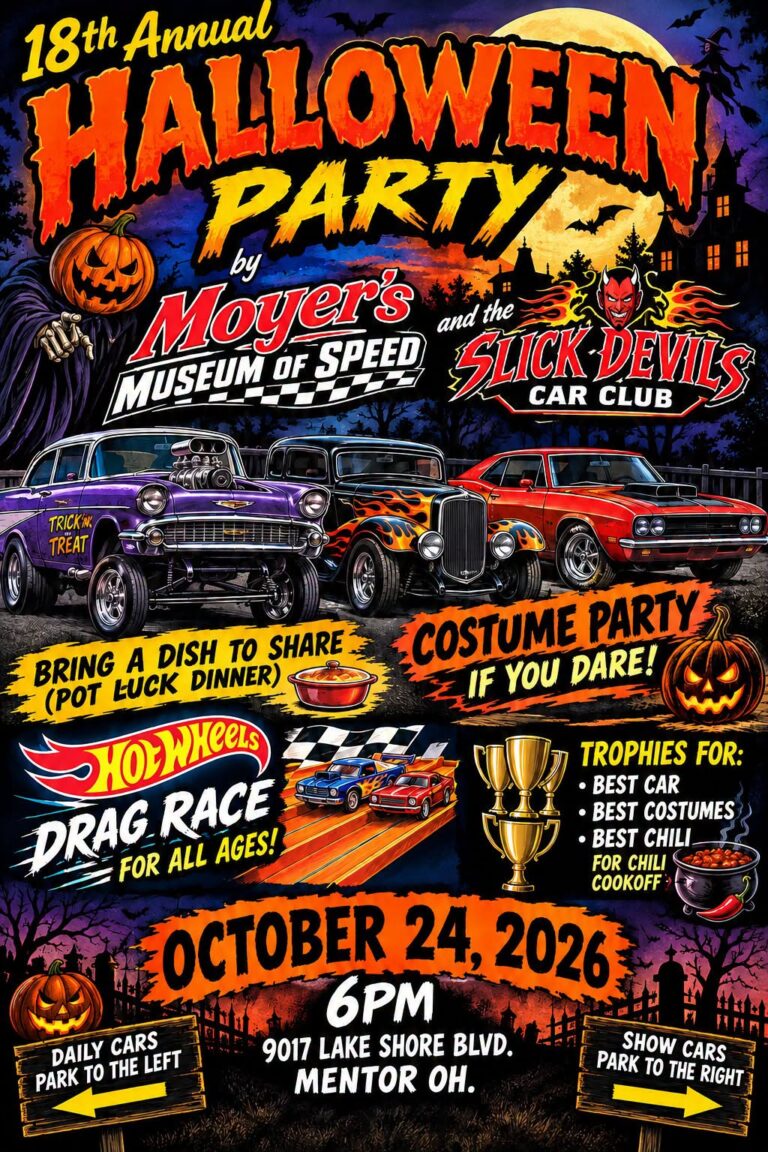 Flyer for 18th Annual Halloween Party by Moyer’s Museum of Speed and the Slick Devils Car Club