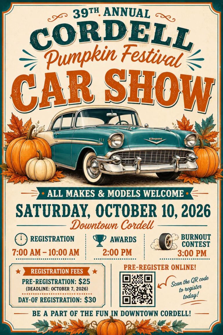 Flyer for 39th Annual Cordell Pumpkin Festival Car Show