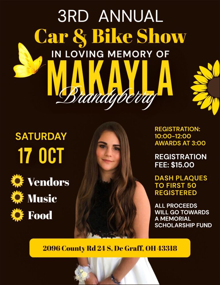 Flyer for 3rd Annual Car & Bike Show in Loving Memory of Makayla Brandyberry