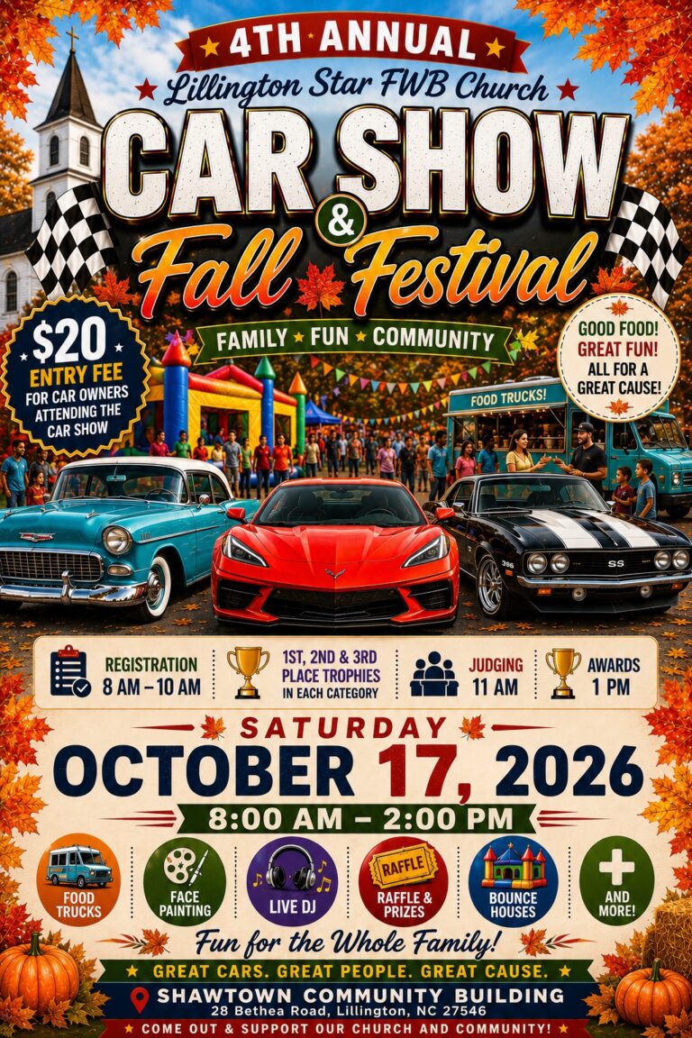 Flyer for 4th Annual Lillington Star FWB Church Car Show & Fall Festival