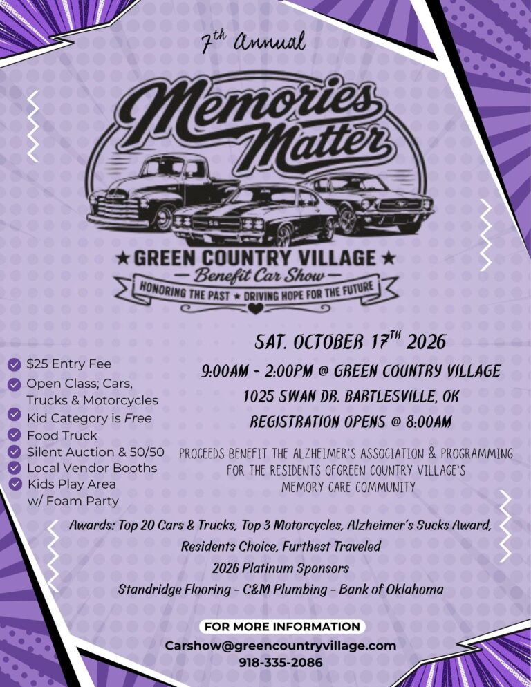 Flyer for 7th Annual Memories Matter Green Country Village Benefit Car Show