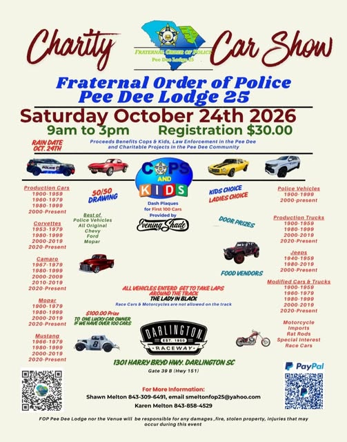 Flyer for Charity Car Show — Fraternal Order Of Police Pee Dee Lodge 25