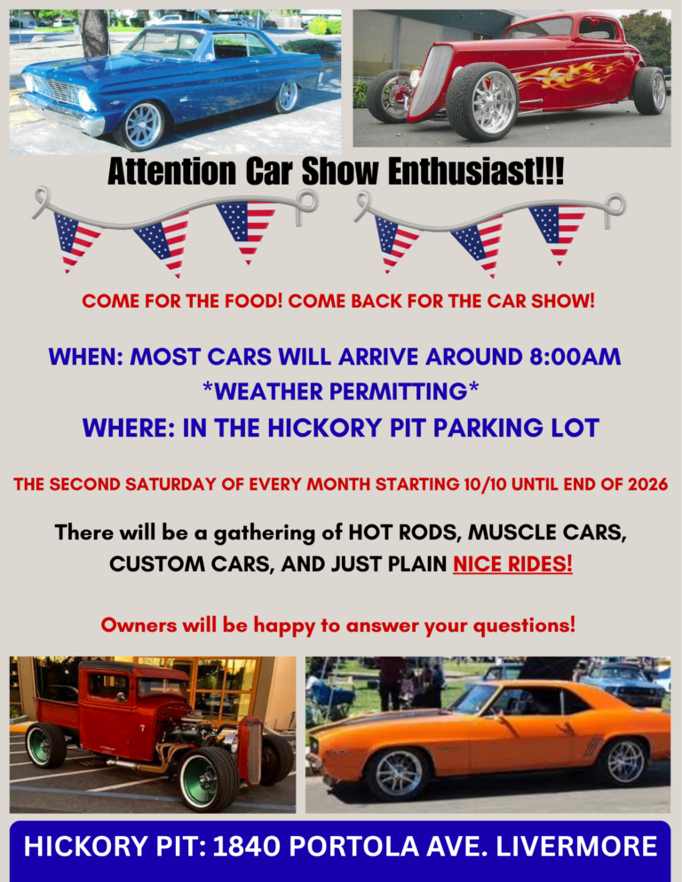 Flyer for Monthly Hickory Pit car show (Livermore Ca.)