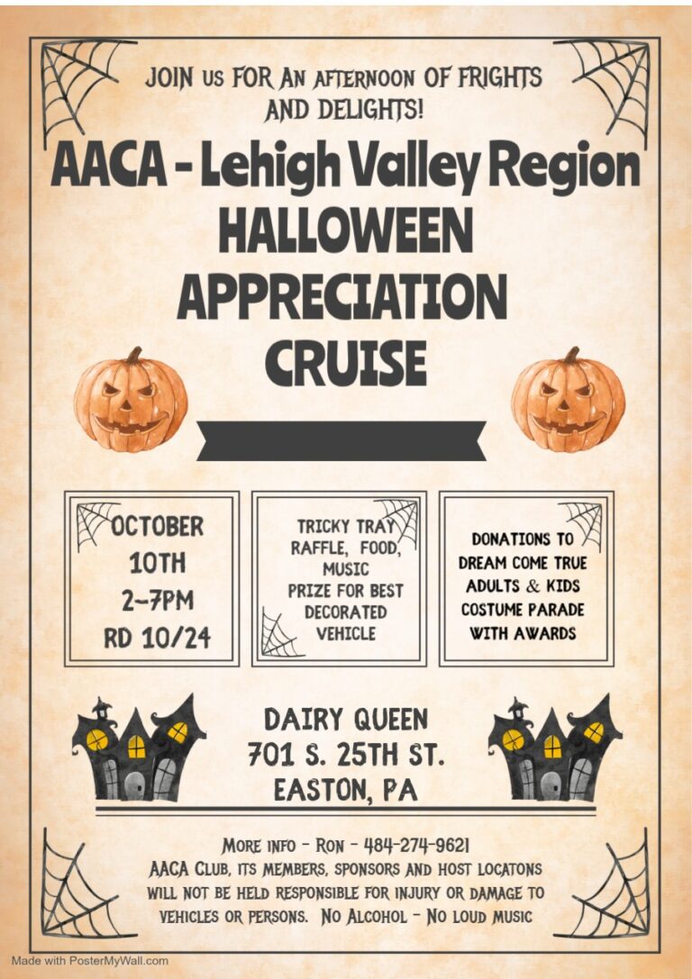 Flyer for AACA – Lehigh Valley Region Halloween Appreciation Cruise