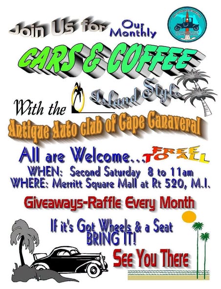Flyer for Antique Auto Club of Cape Canaveral Cars & Coffee Island Style