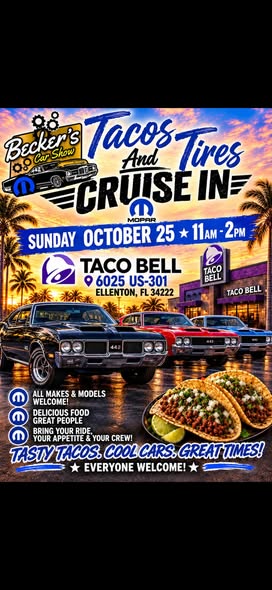 Flyer for Becker’s Car Show Tacos and Tires Cruise-In