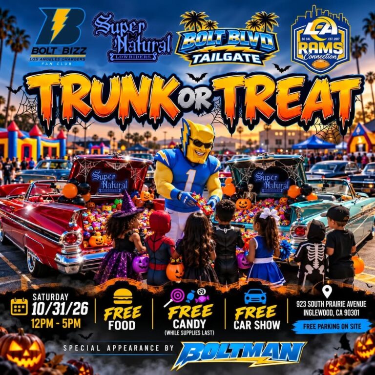 Flyer for Bolt Bizz LA Chargers Fan Club Trunk Or Treat